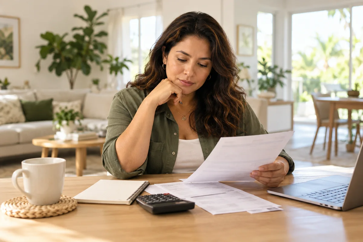 Mujer revisando su presupuesto con una calculadora
