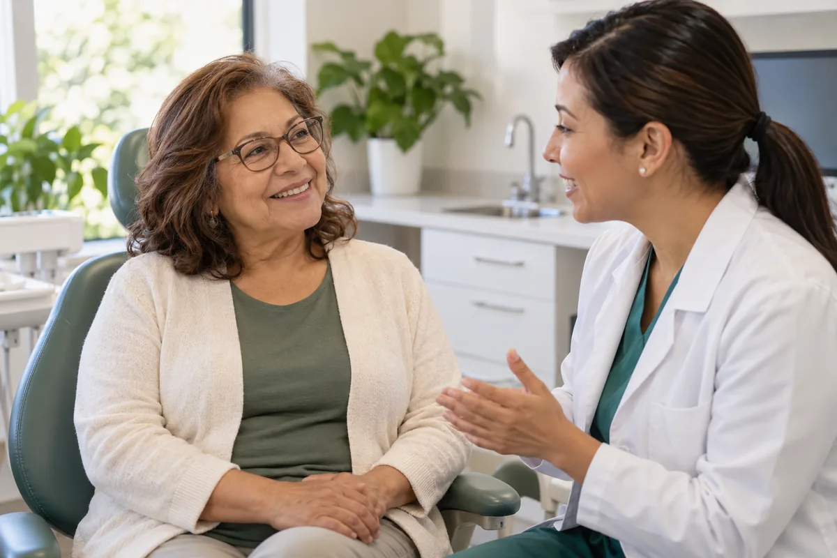 Mujer adulta conversando con una profesional de una clínica dental