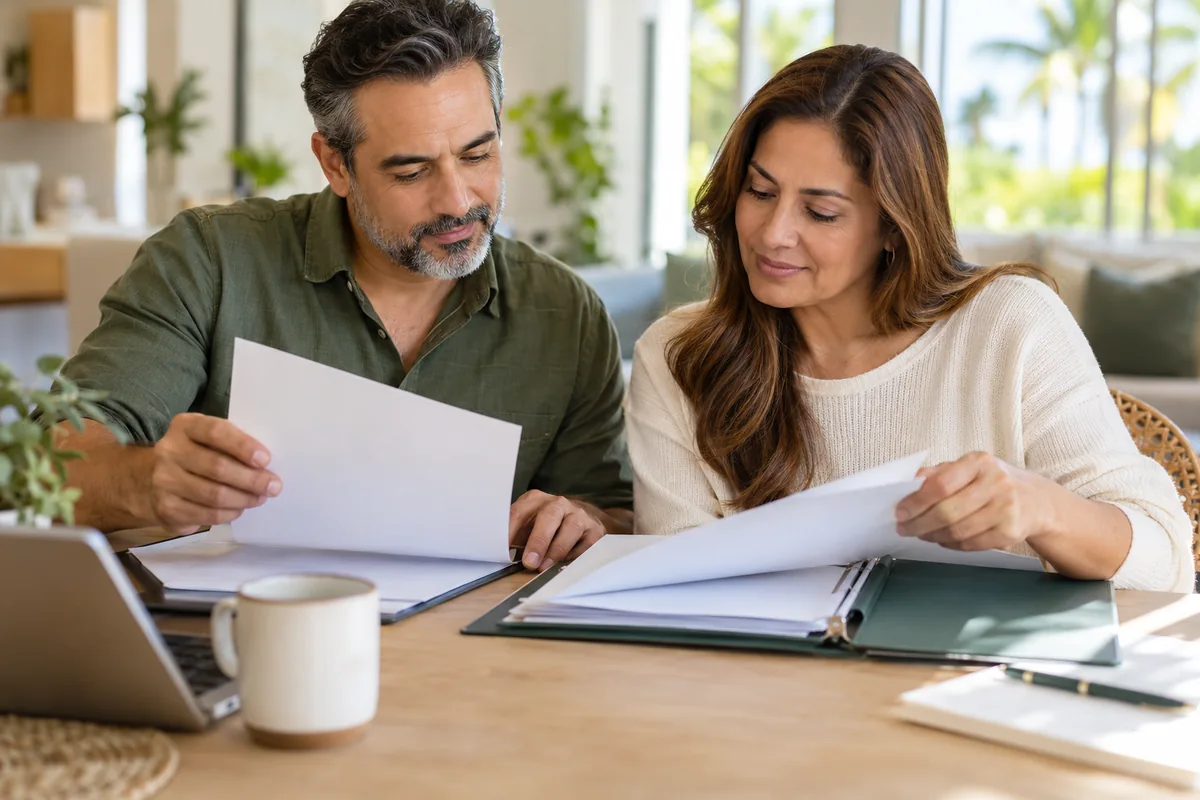 Pareja organizando documentos en una mesa de casa