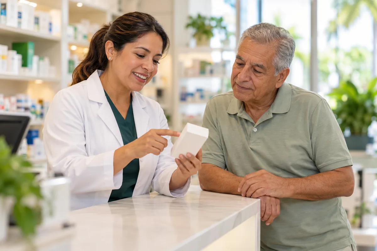 Profesional de farmacia explicando un envase a un adulto mayor