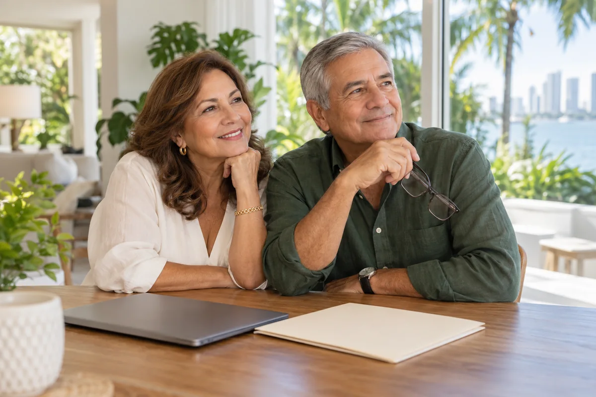 Pareja de adultos mayores preparando una revisión de cobertura