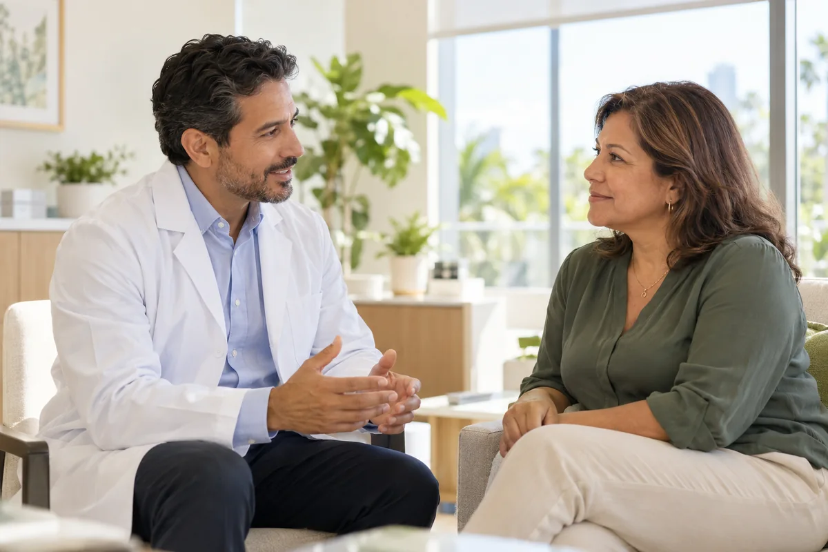 Médico conversando con una mujer en un consultorio