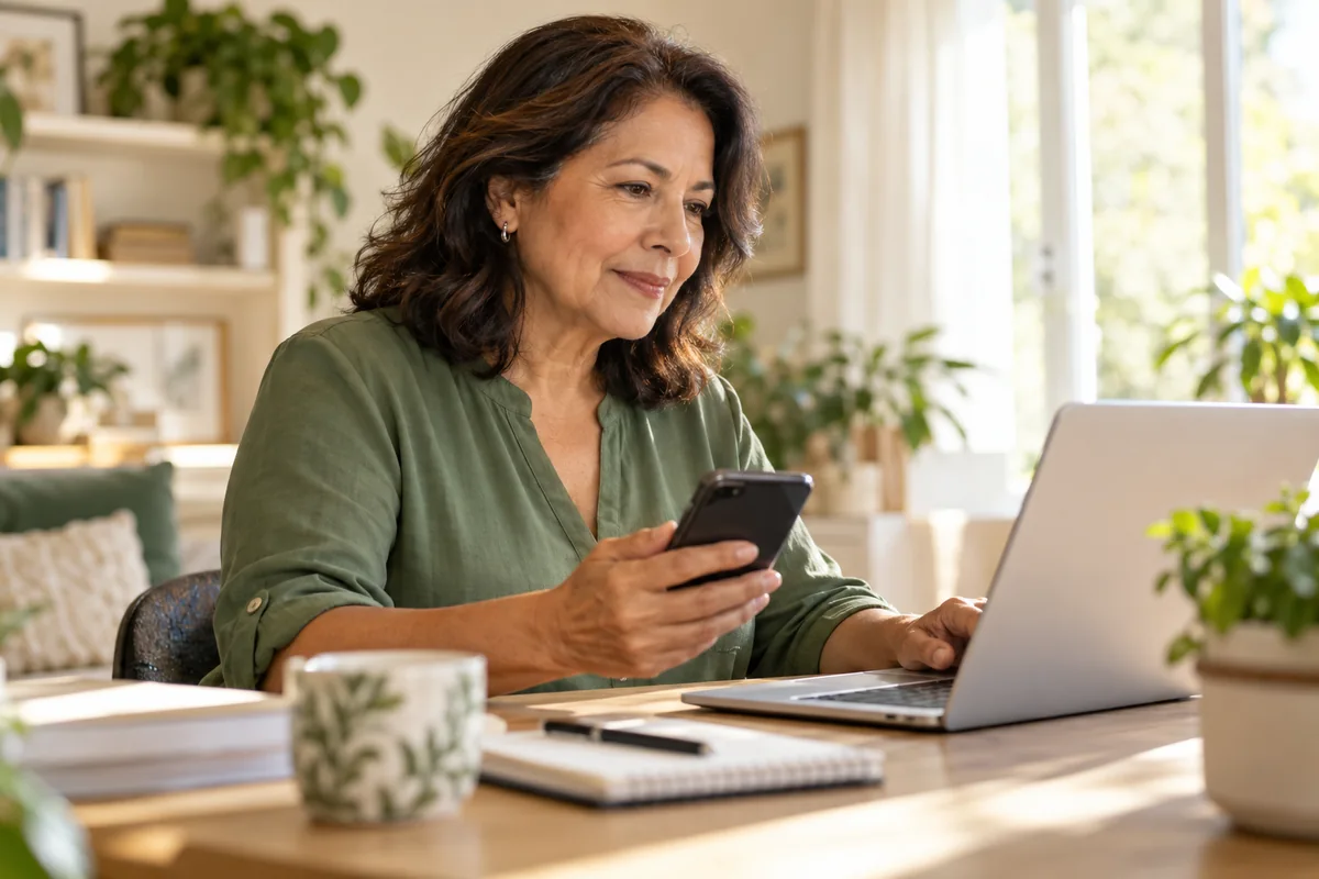 Mujer comprobando información en su computadora y teléfono
